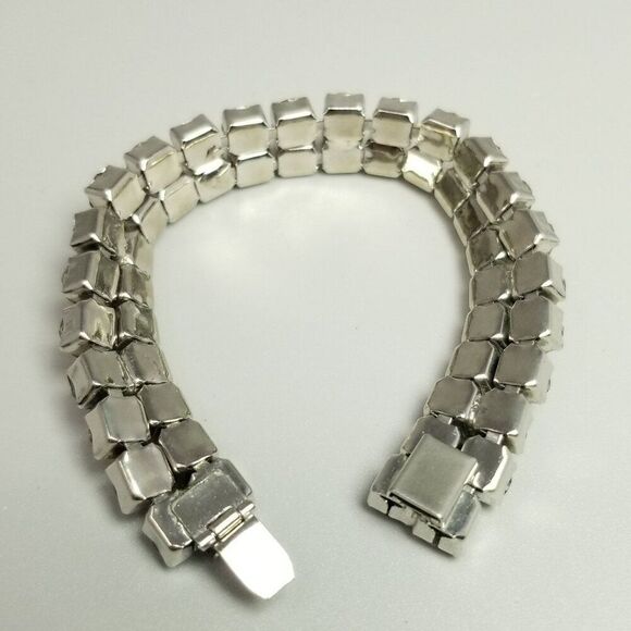 Vintage Rhinestone Two Row Bangle Bracelet, Silver Tone Prong Set, Retro Estate - Picture 3 of 6